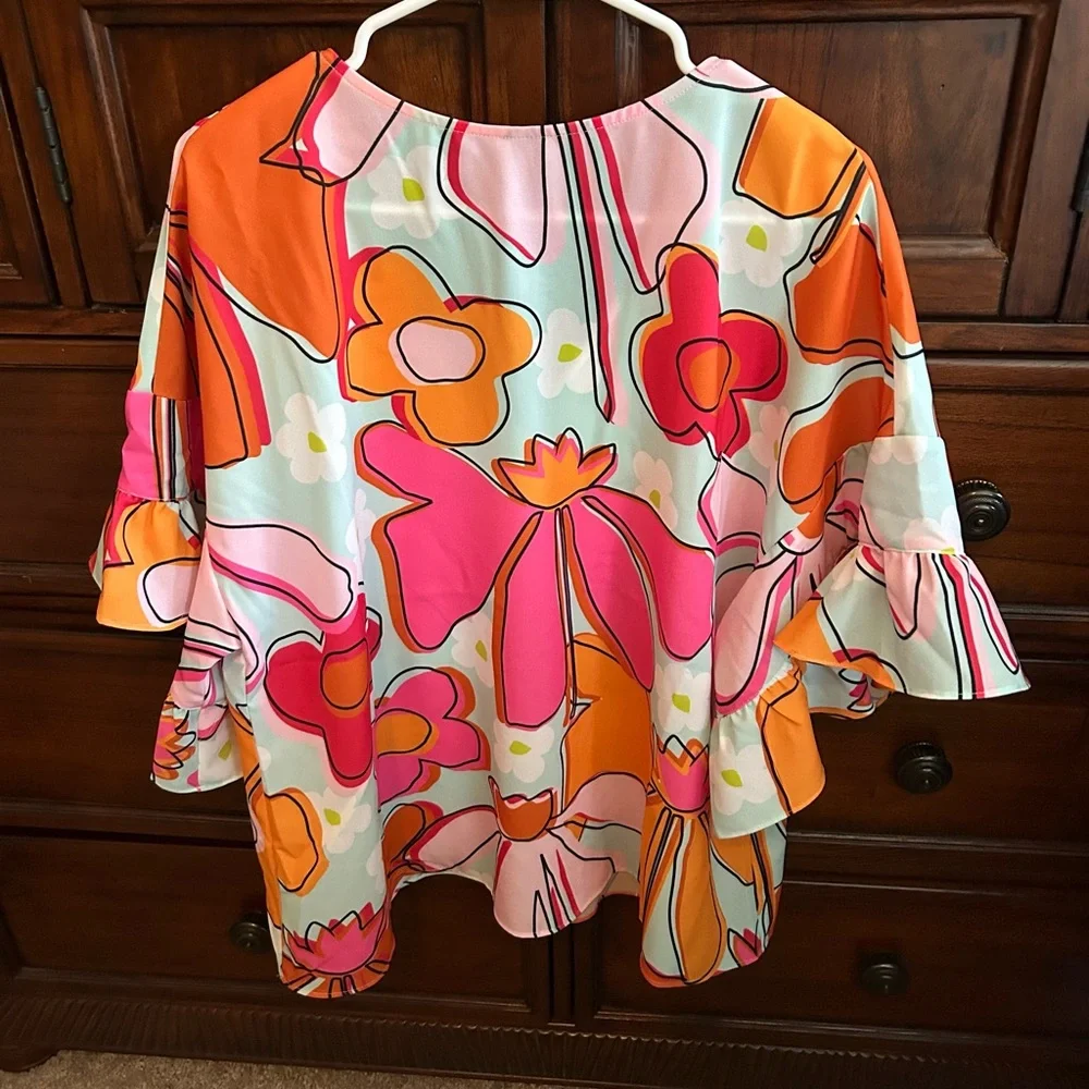 NWOT CROSBY by Mollie Burch Pink and Orange Floral Blouse, Size Large - Picture 5 of 15